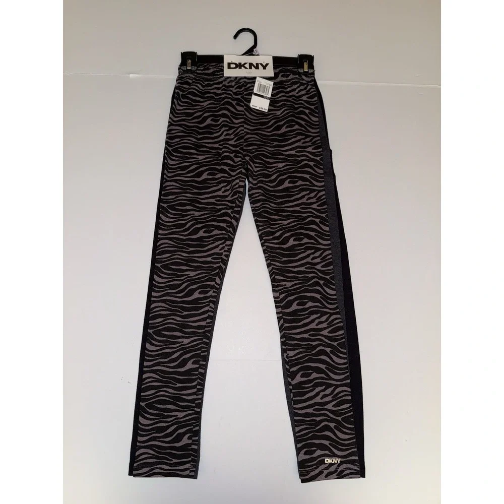 DKNY Girls 3-Pack Leggings 10-12 Black Gray Purple Zebra Stretch Pants Comfy NWT